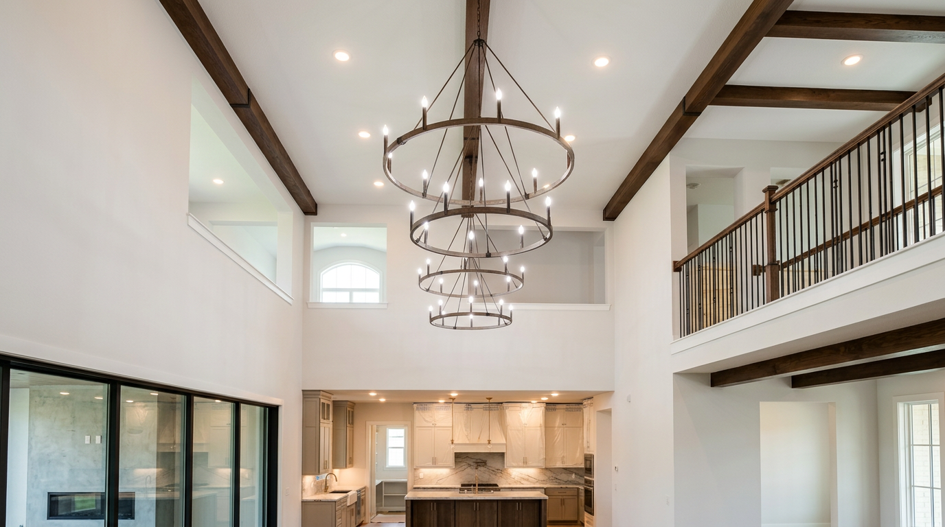 Wide view of a luxury chandelier and recessed lighting installation by A2M Services