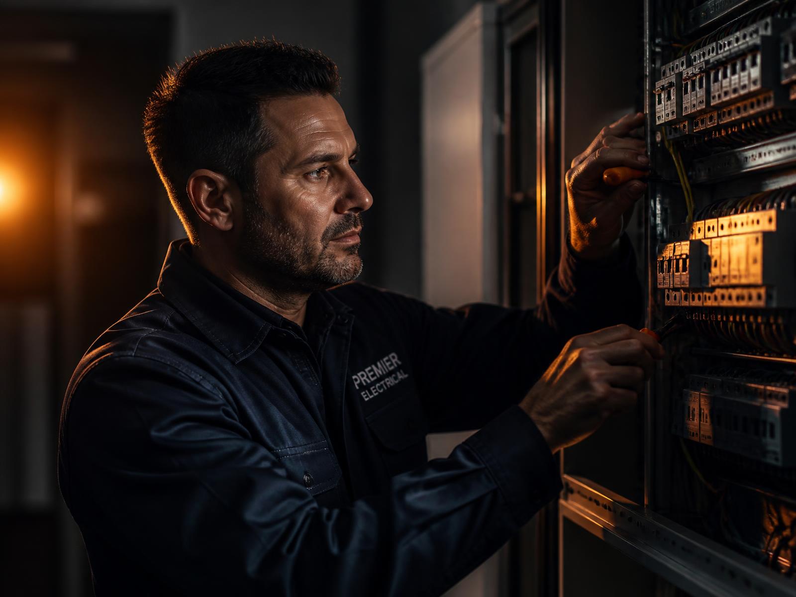 A2M Services electrician working on a residential electrical panel in Houston