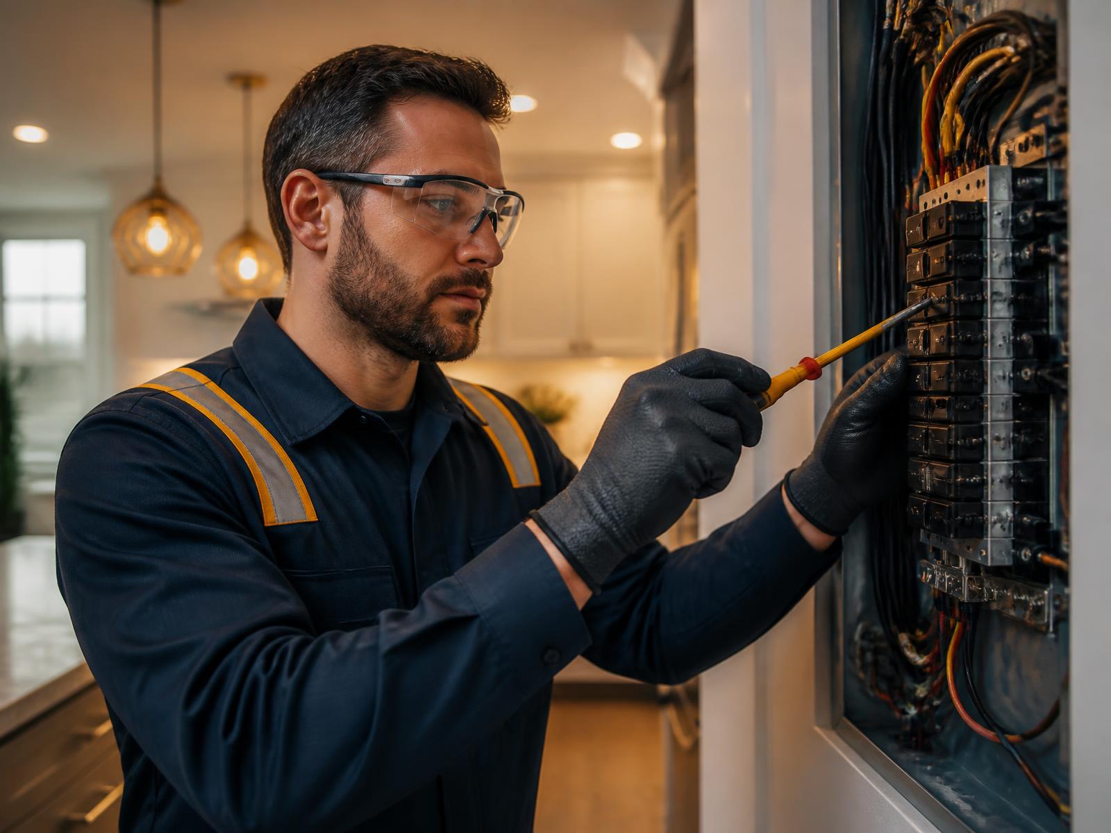 A2M Services electrician working on a residential electrical panel in Houston